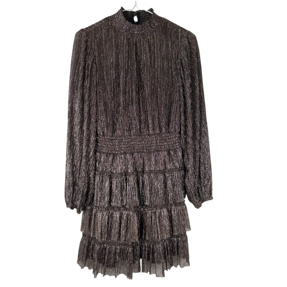 1. State Metallic Smocked Dress Mock Neck Tiered Ruffle Black Gold Women's Small - Picture 2 of 8